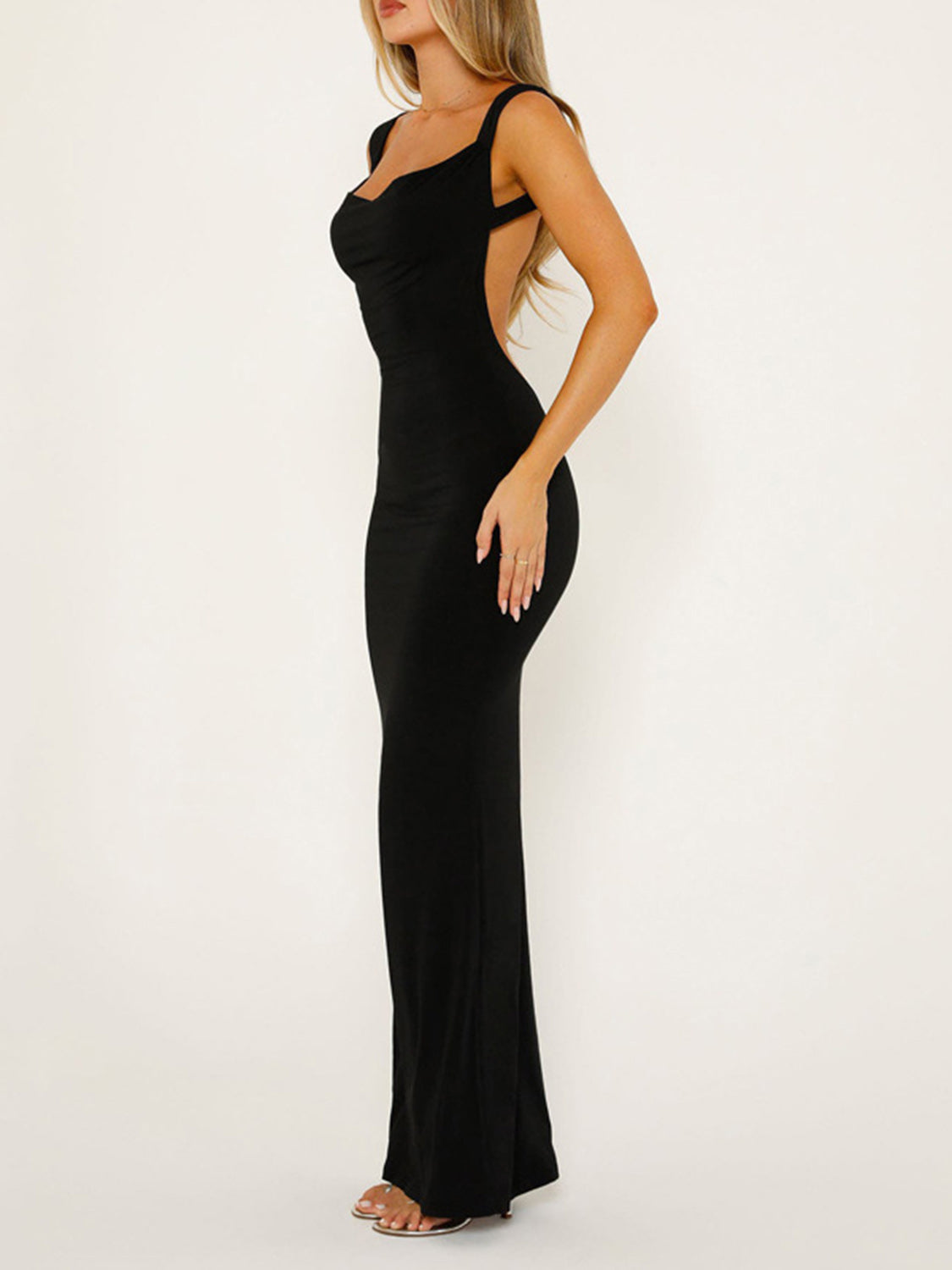 Backless Wide Strap Maxi Dress | Formal Sleeveless Sheath Solid Polyester Dress