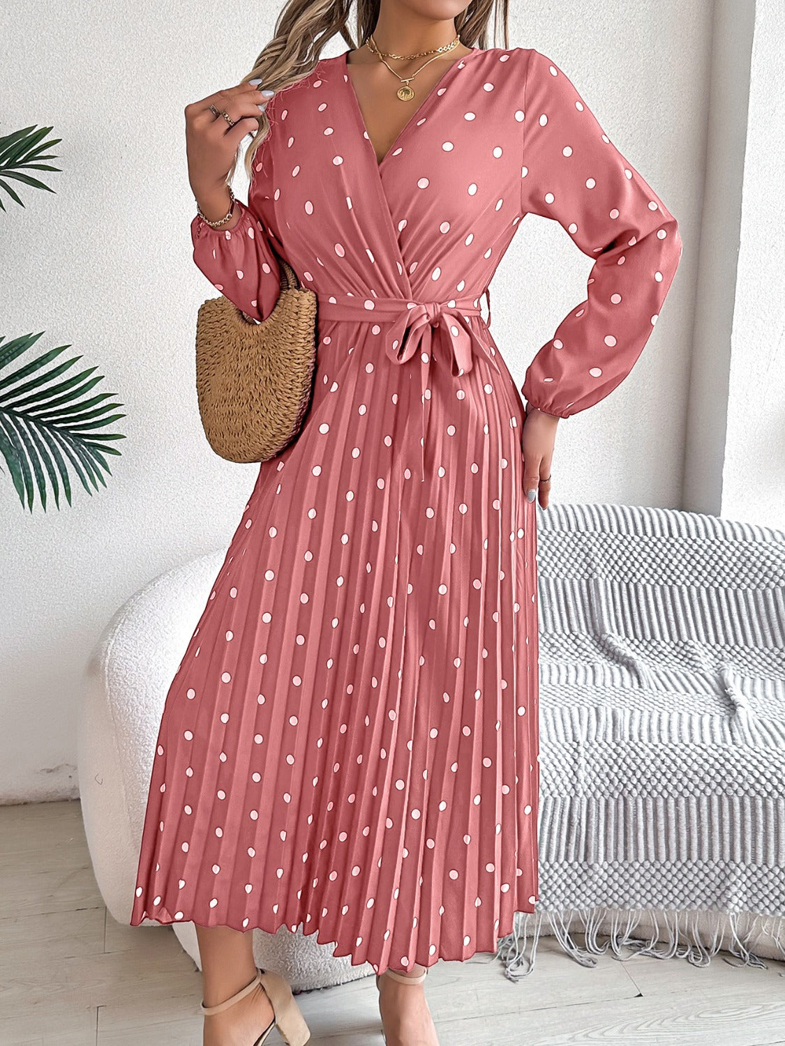 Tied Polka Dot Long Sleeve Midi Dress | Casual A-Line polyester Pleated Dress