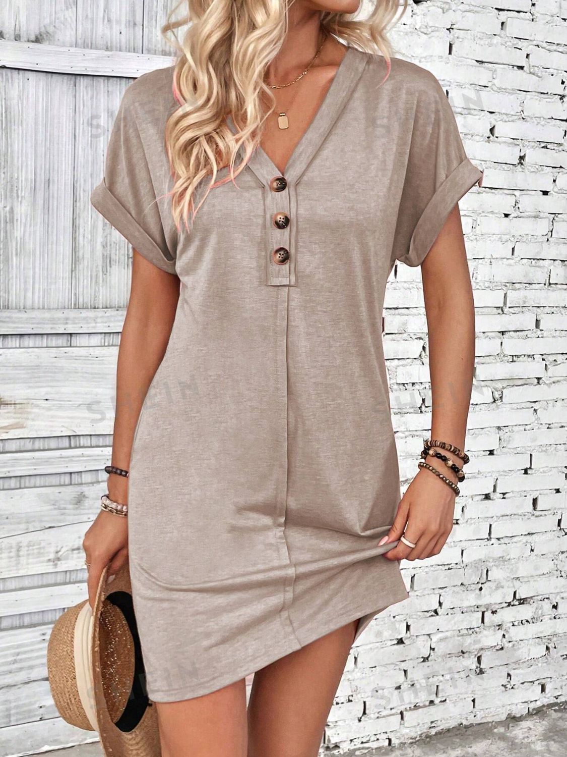 Quarter Button V-Neck Short Sleeve Dress | Casual Mini Solid Polyester Dress