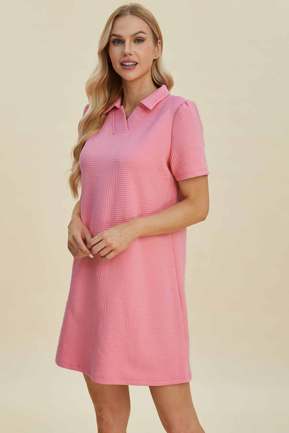 Double Take Full Size Texture Short Sleeve Dress | Casual Mini Collar Neck Dress