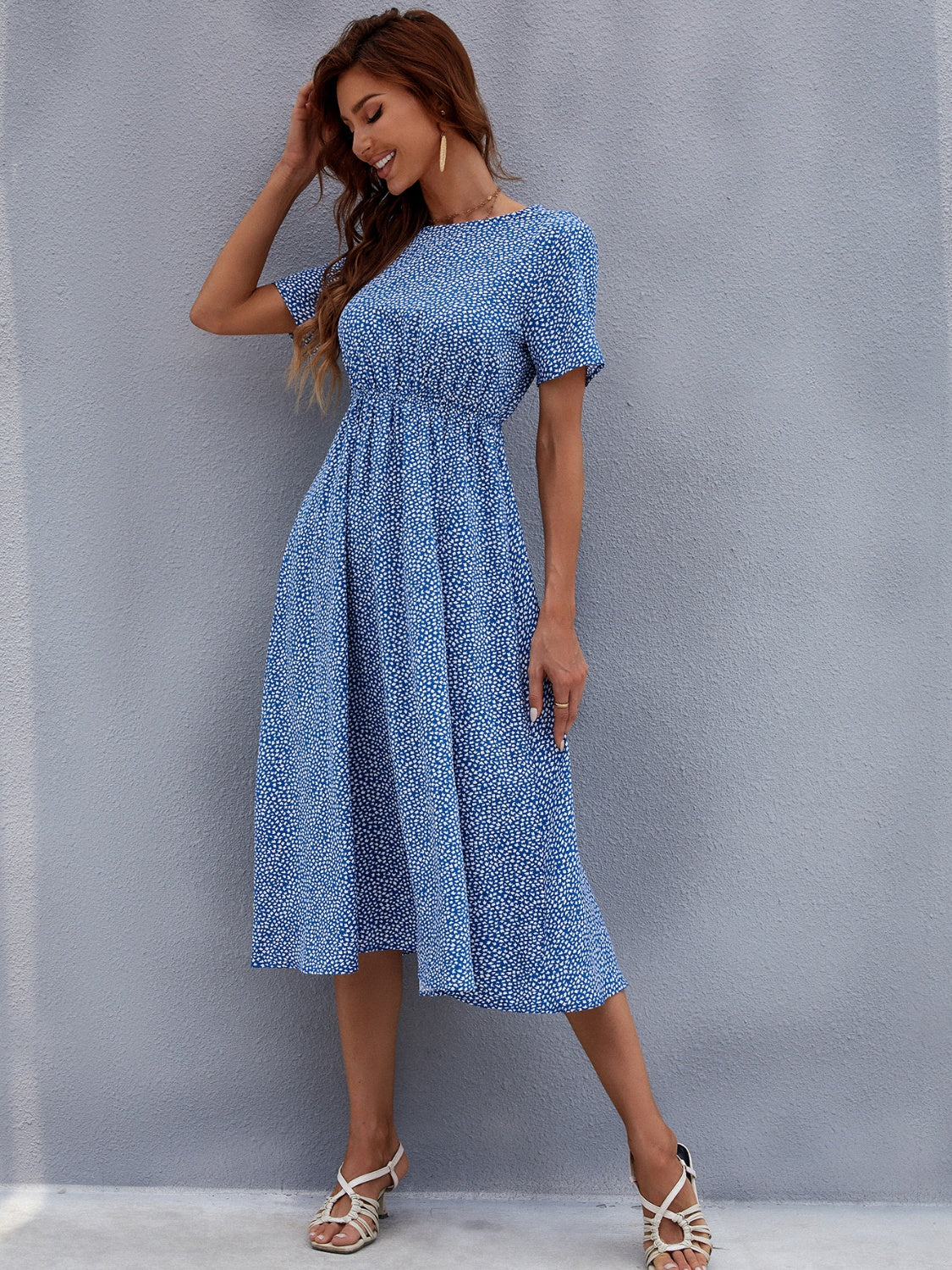 Printed Round Neck Short Sleeve Midi Dress | Casual A-Line Midi Polyester Dress