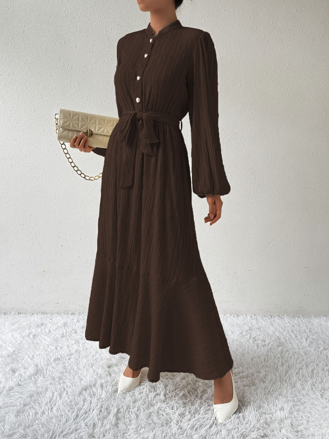 Tie Waist Long Sleeve Dress | A-Line Maxi Solid Buttoned Textured Dress