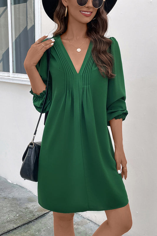 Ruched V-Neck Flounce Sleeve Dress | Casual Polyester Relaxed Mini Solid Dress