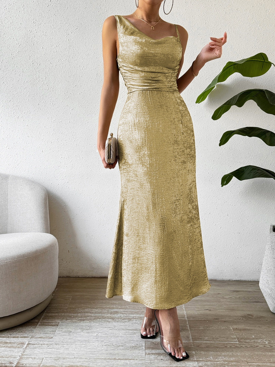 Asymmetric Neck Sleeveless Midi Dress | Formal Midi Sheath Polyester Dress