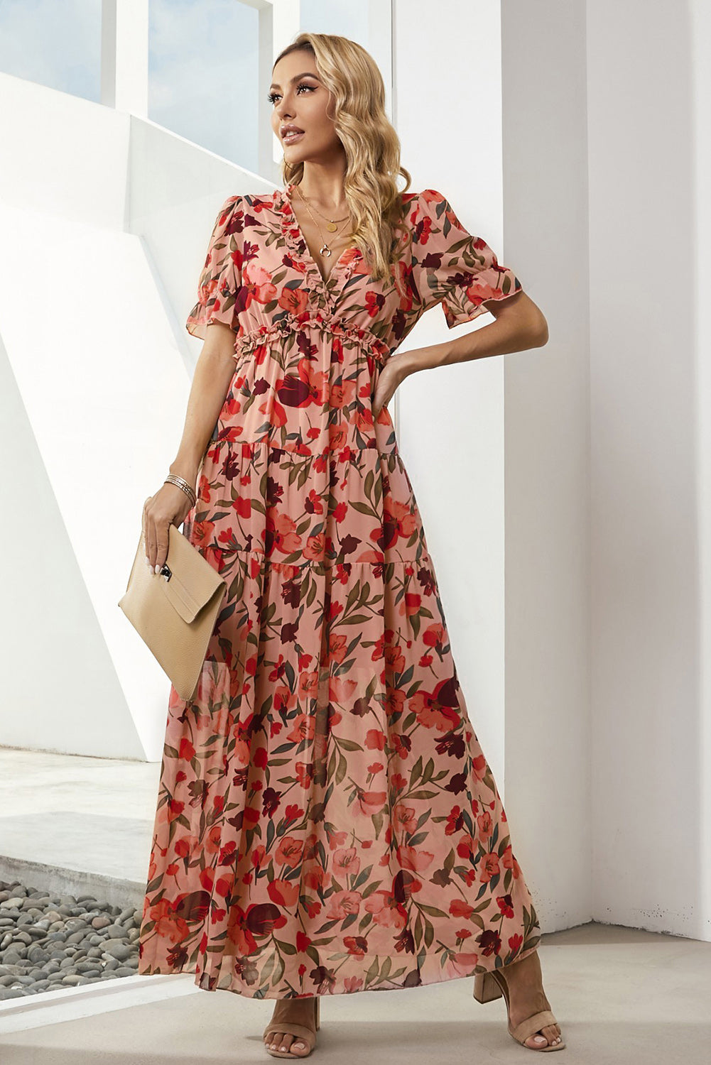 Floral V-Neck Short Flounce Sleeve Dress | Formal A-line Polyester Classy Dress