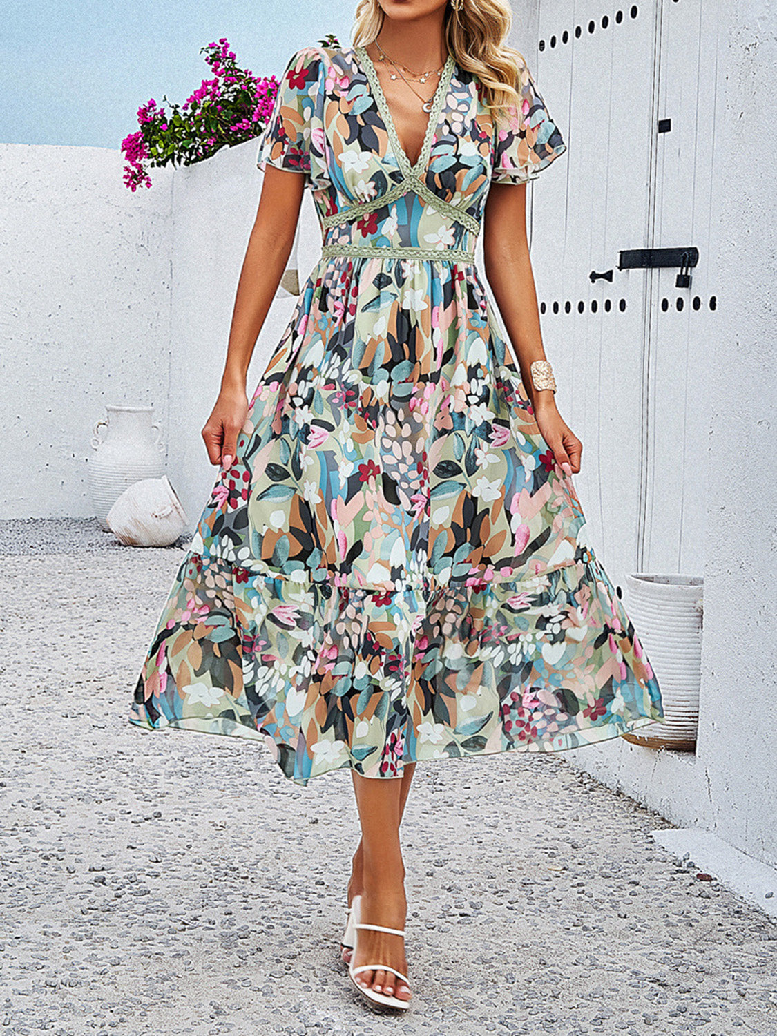 Printed V-Neck Flutter Sleeve Midi Dress | A-Line Floral Lined Ruched Dress