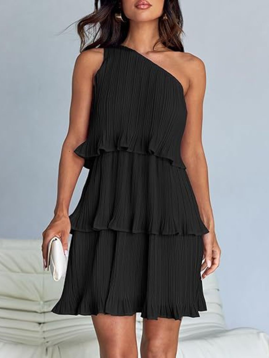 Layered Single Shoulder Mini Dress | Mini Sleeveless Dress W/ Asymmetrical neck