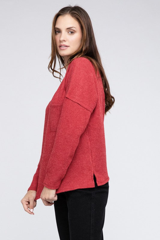 Ribbed Brushed Melange Hacci Sweater with a Pocket | Oversized Casual Sweater