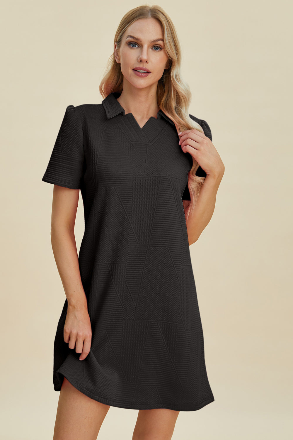 Double Take Full Size Texture Short Sleeve Dress | Casual Mini Collar Neck Dress