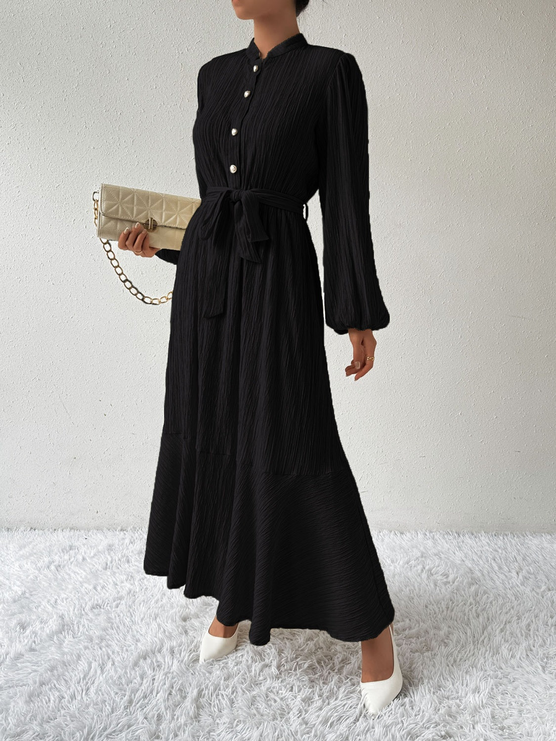 Tie Waist Long Sleeve Dress | A-Line Maxi Solid Buttoned Textured Dress