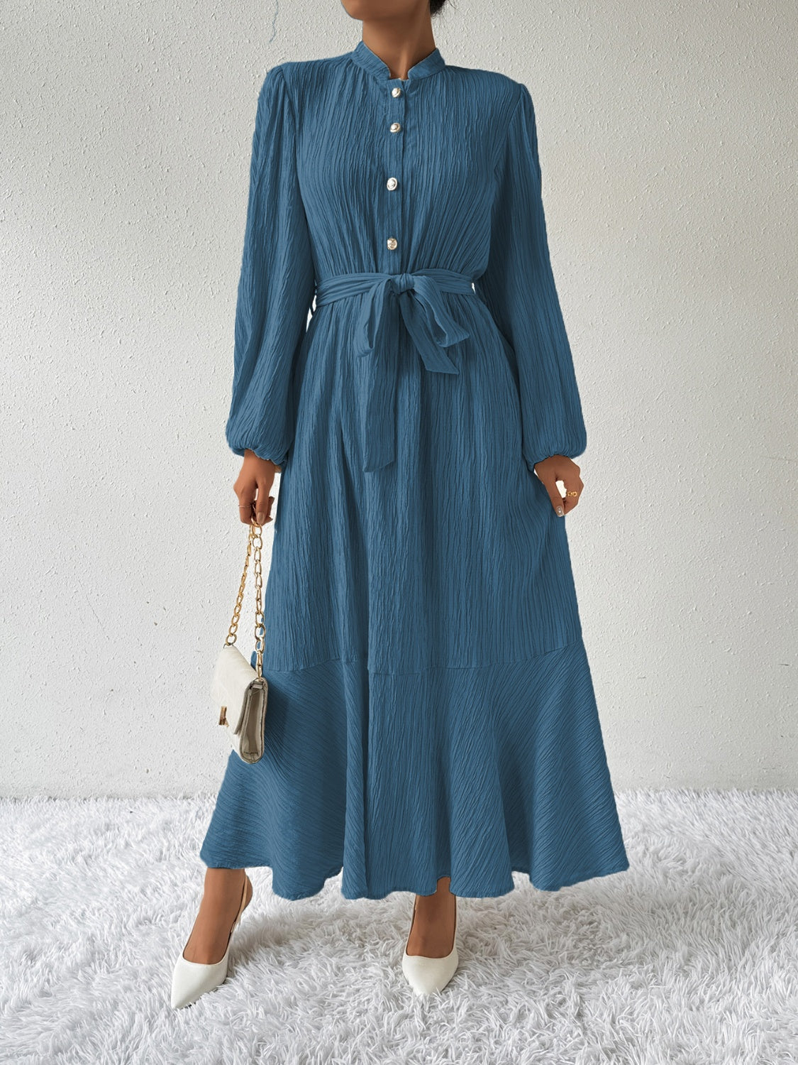 Tie Waist Long Sleeve Dress | A-Line Maxi Solid Buttoned Textured Dress