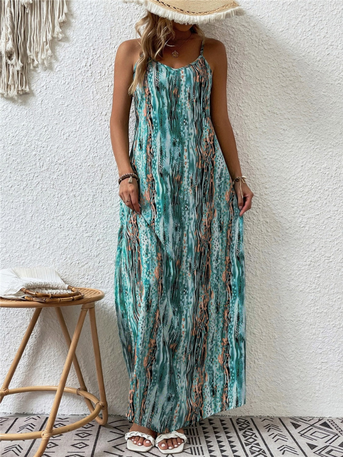 Full Size Printed Scoop Neck Maxi Cami Dress | Sleeveless Relaxed Spandex Dress