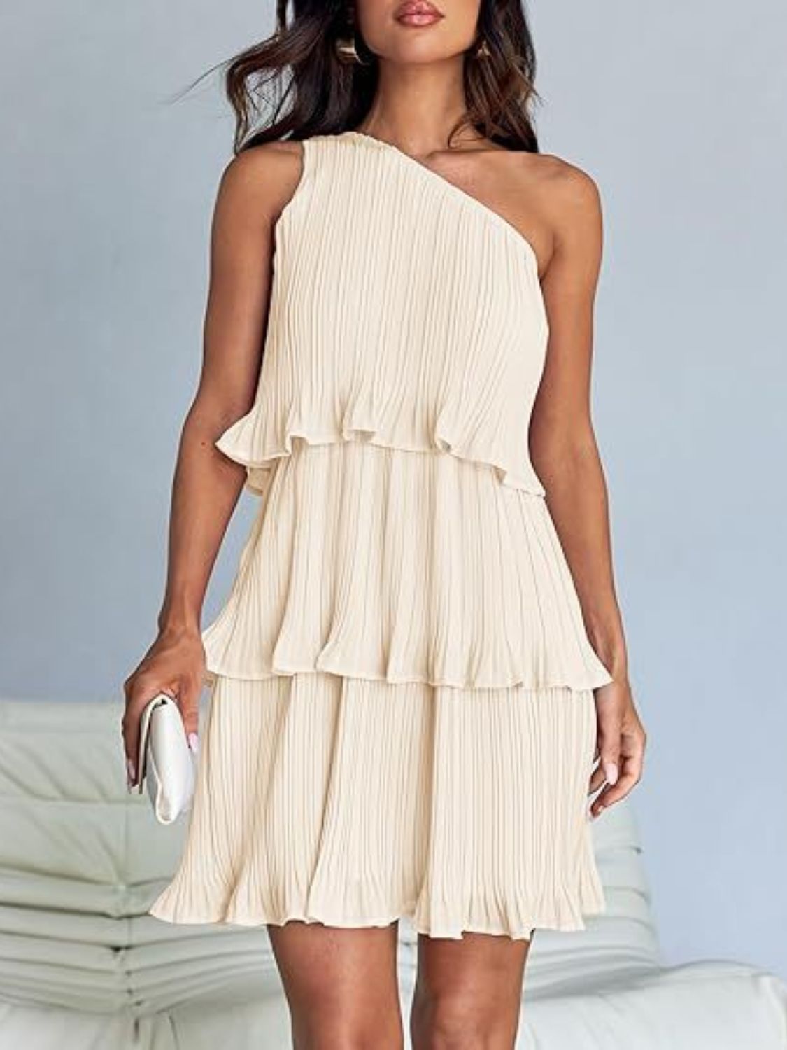 Layered Single Shoulder Mini Dress | Mini Sleeveless Dress W/ Asymmetrical neck