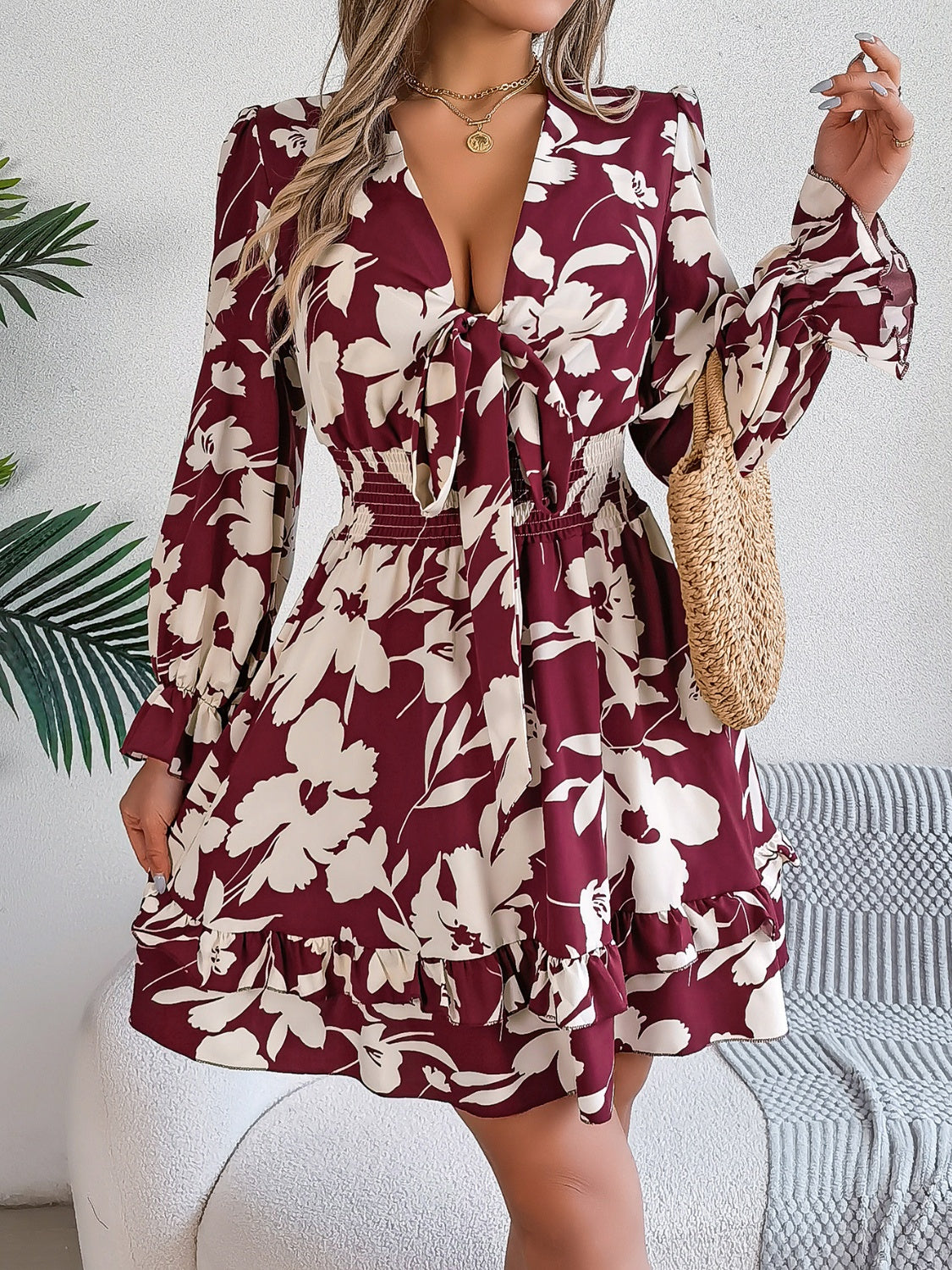 Tied Ruffled Printed Long Sleeve Dress | Casual Mini Floral A-Line Dress