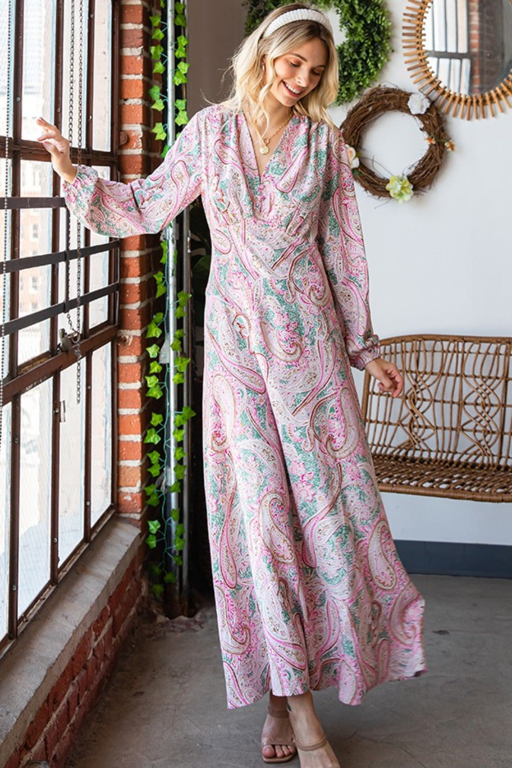 First Love Paisley Print Tie-Back Long Sleeve Maxi Dress | Casual Floral Dress