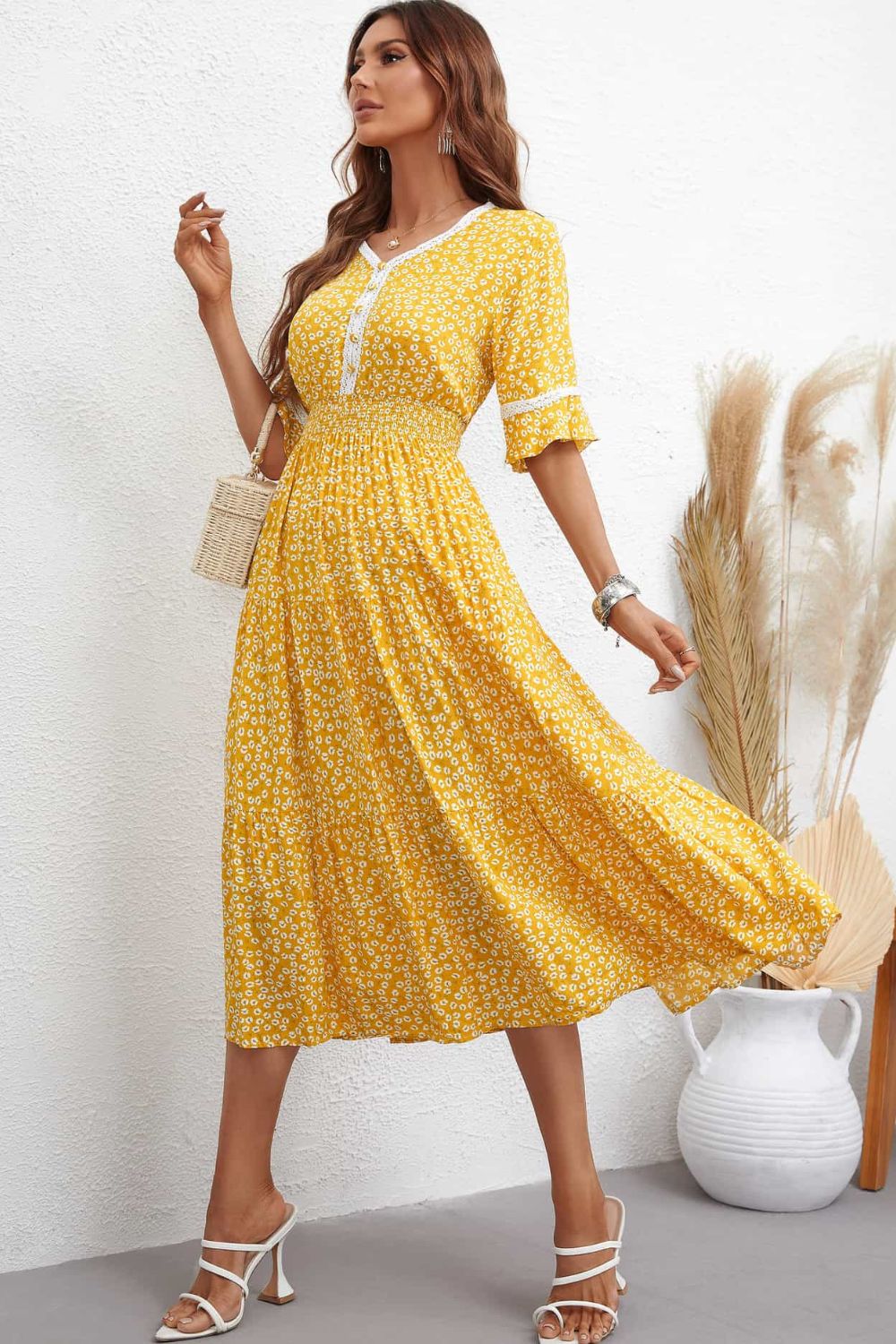 Floral V-Neck Smocked Waist Midi Dress | A-Line Printed Casual Half Sleeve Dress