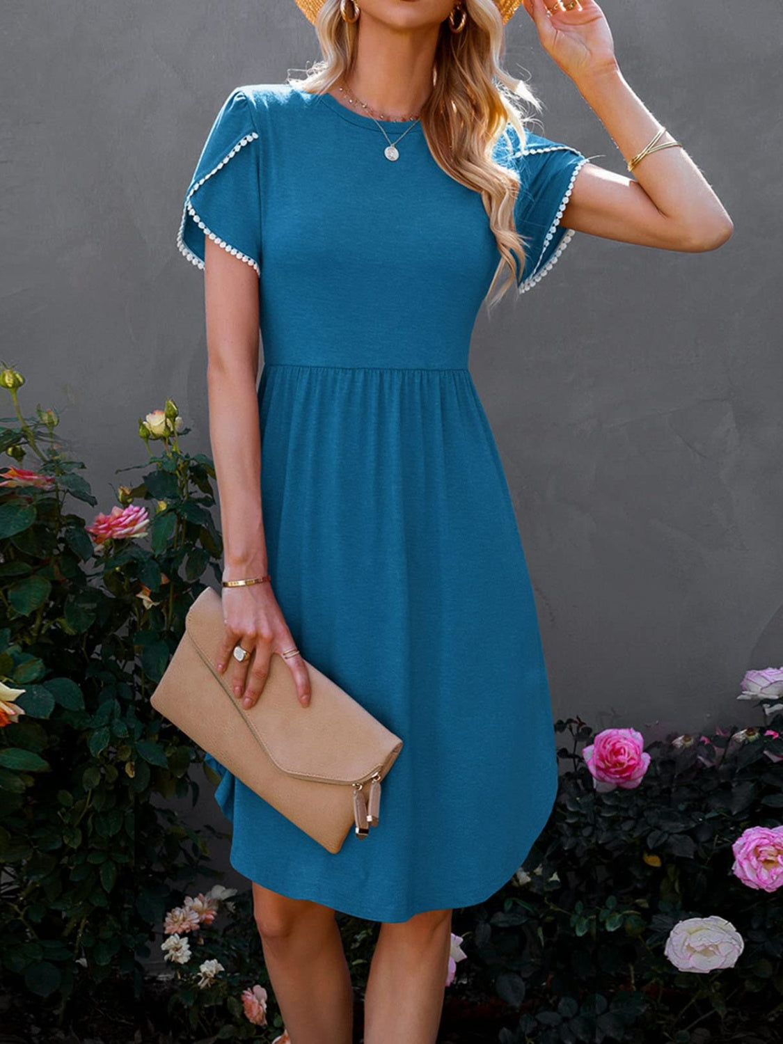 Round Neck Petal Sleeve Dress | Casual A-line Cotton Solid Dress W/ Round Hem