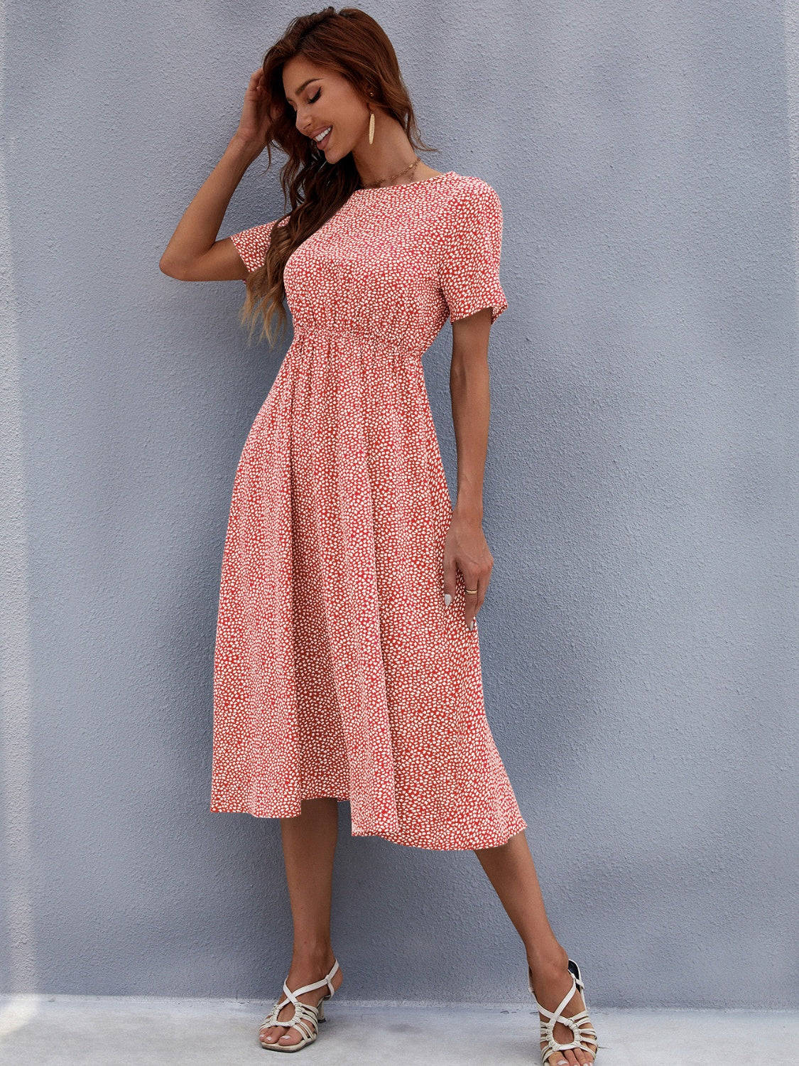 Printed Round Neck Short Sleeve Midi Dress | Casual A-Line Midi Polyester Dress