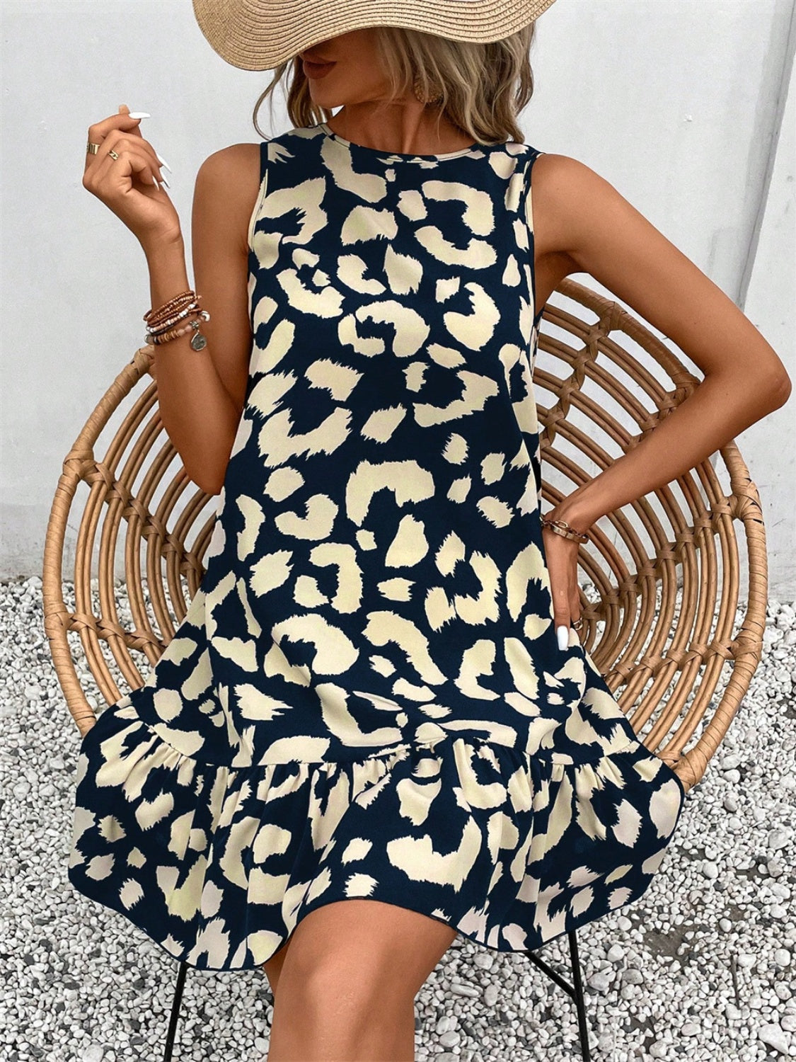 Tied Leopard Round Neck Tank Dress | Casual Sleeveless Mini polyester Dress