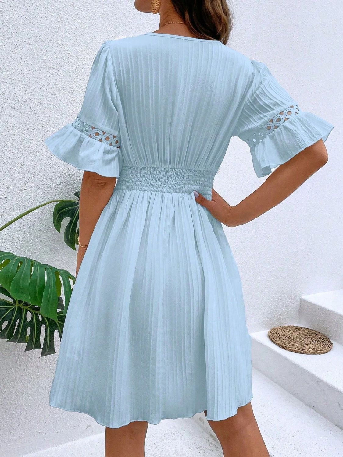 Cutout V-Neck Flounce Sleeve Mini Dress | Casual A-Line Ruffled Polyester Dress