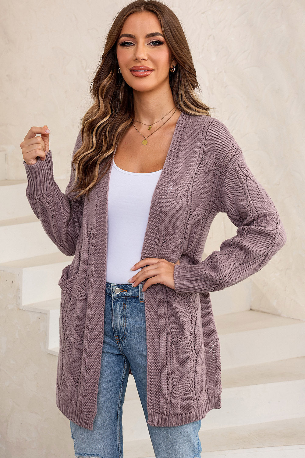 Cable-Knit Dropped Shoulder Cardigan | Acrylic Casual Cable Knit Cardigan