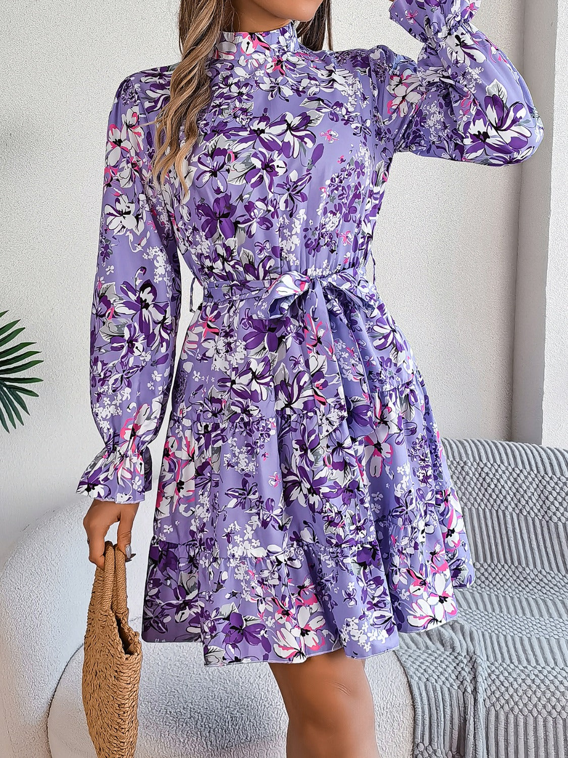 Printed Mock Neck Flounce Sleeve Mini Dress | Casual Floral Polyester Dress