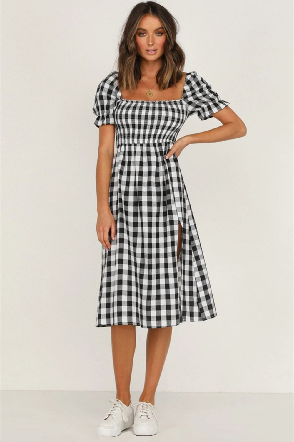 Full Size Slit Plaid Short Sleeve Midi Dress | A-Line Midi Smocked Dress