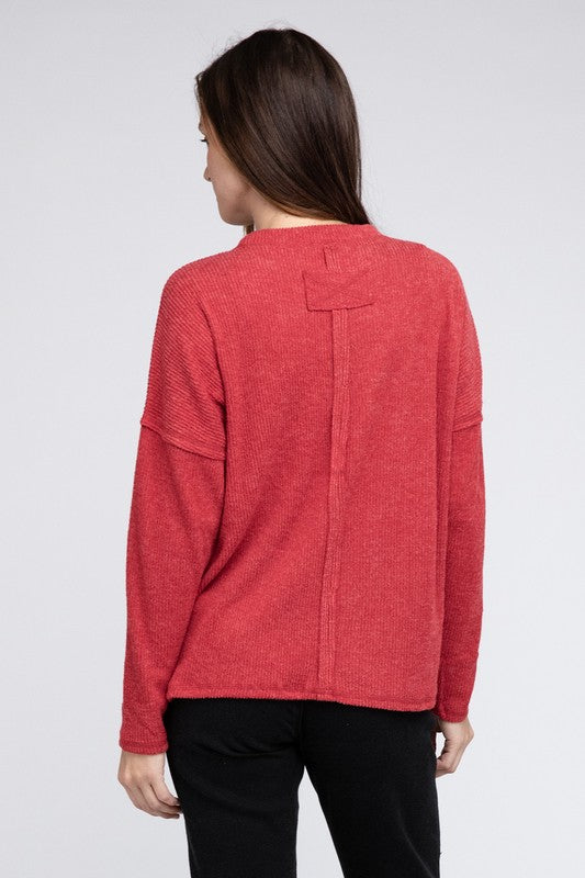 Ribbed Brushed Melange Hacci Sweater with a Pocket | Oversized Casual Sweater