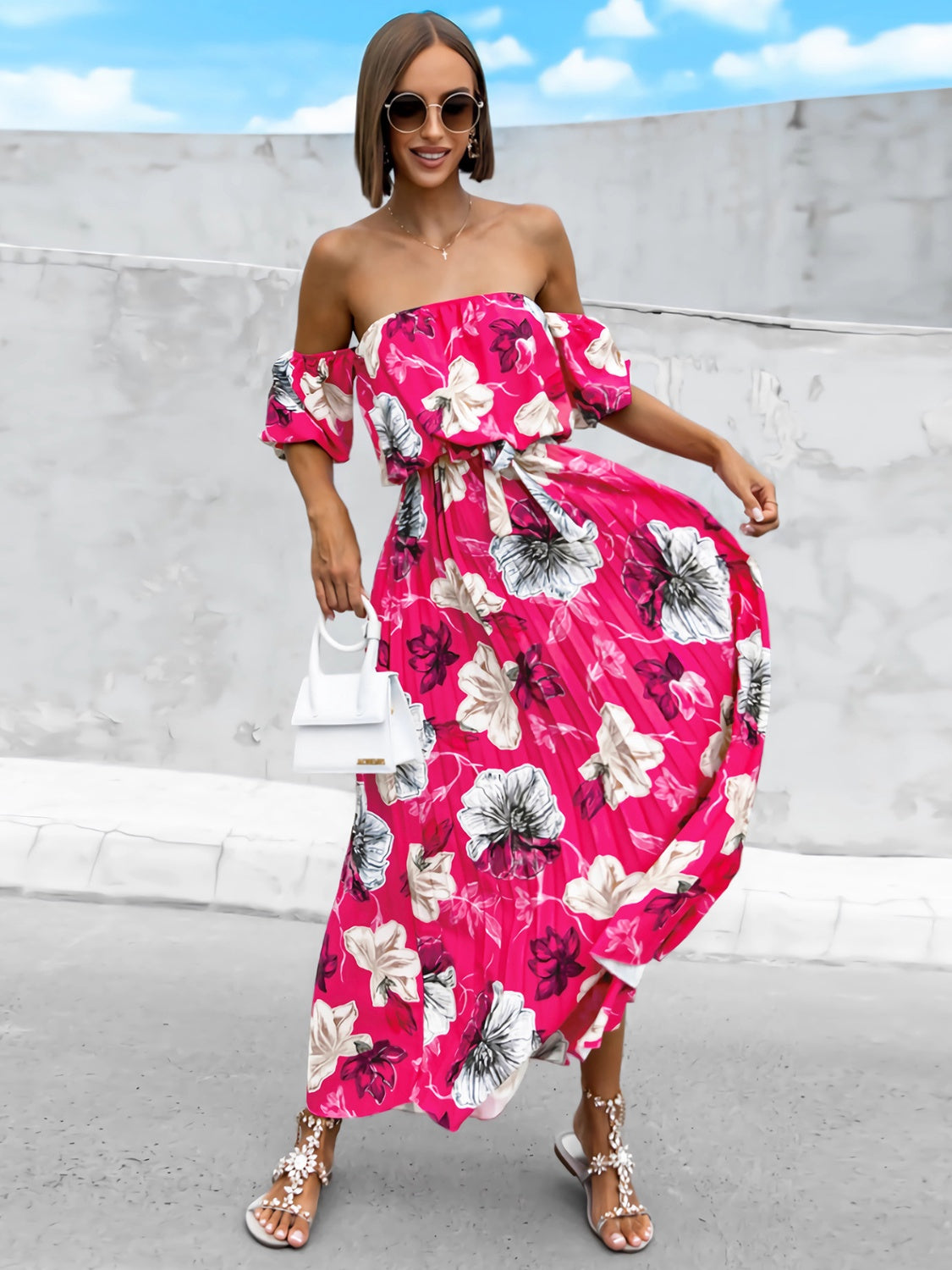 Pleated Floral Off-Shoulder Short Sleeve Midi Dress | A-Line Pleated Dress