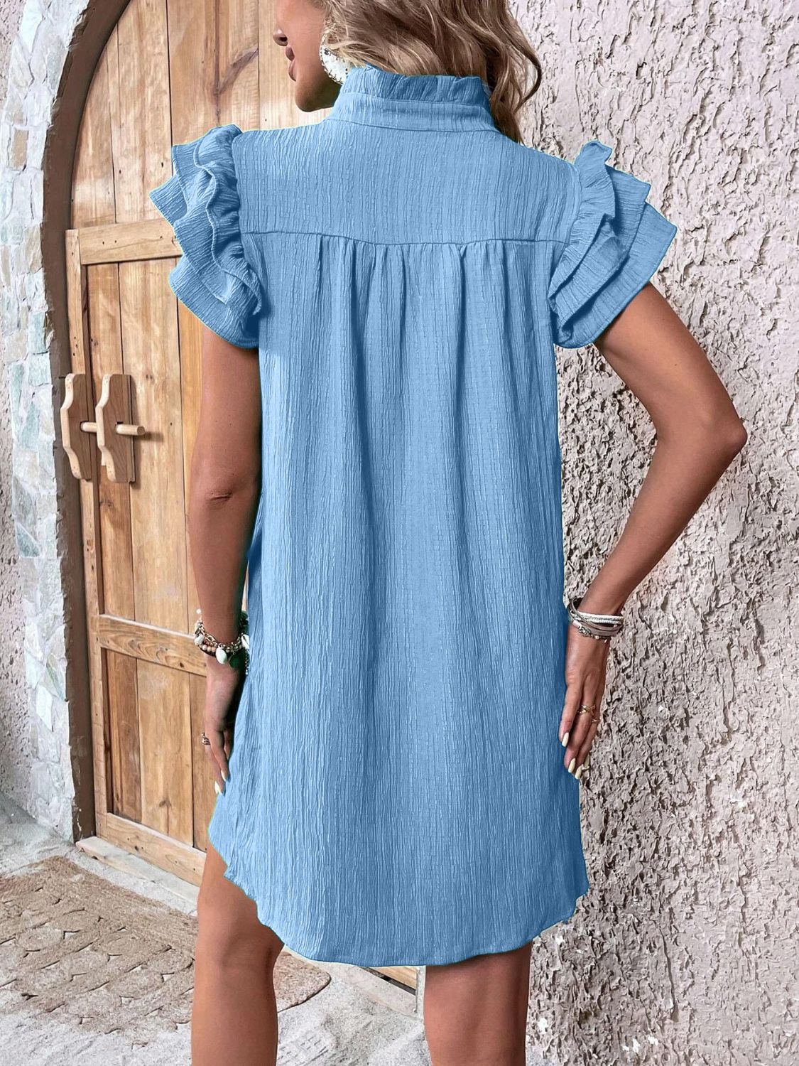 Ruffled Notched Cap Sleeve Mini Dress