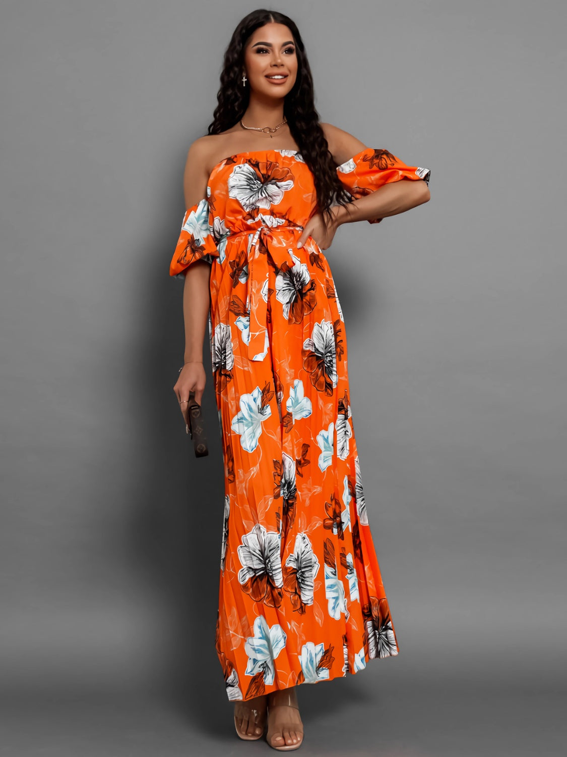 Pleated Floral Off-Shoulder Short Sleeve Midi Dress | A-Line Pleated Dress