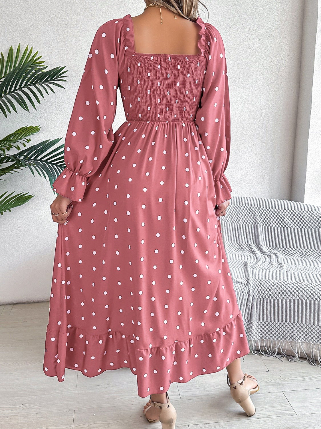 Polka Dot Flounce Sleeve Midi Dress | A-Line Polyester Ruffled Smocked Dress