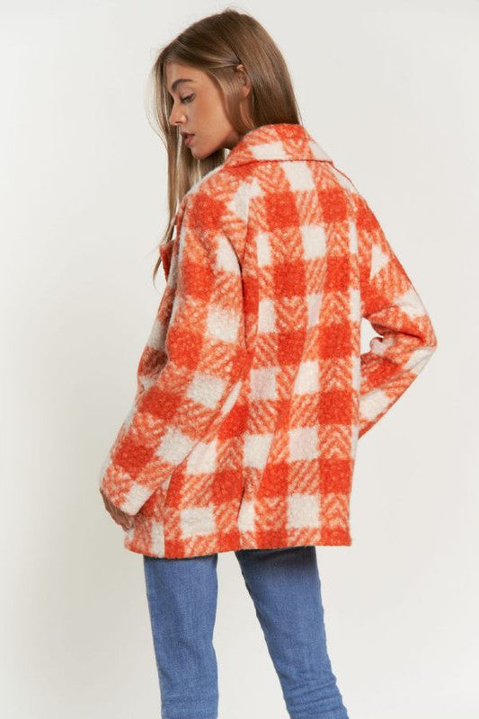 Fuzzy Boucle Textured Double Breasted Coat Jacket | Plaid Pocketed Jacket