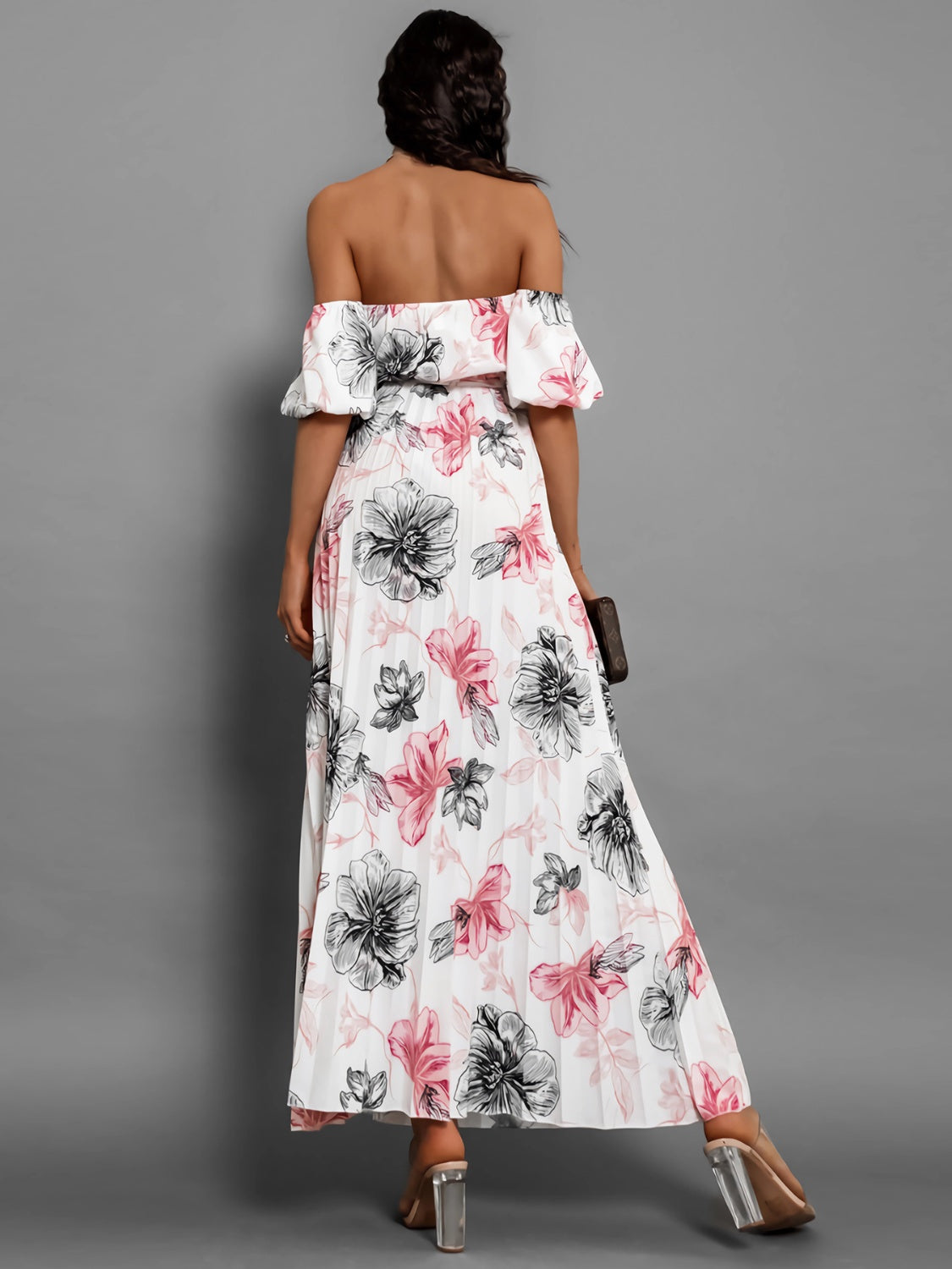 Pleated Floral Off-Shoulder Short Sleeve Midi Dress | A-Line Pleated Dress