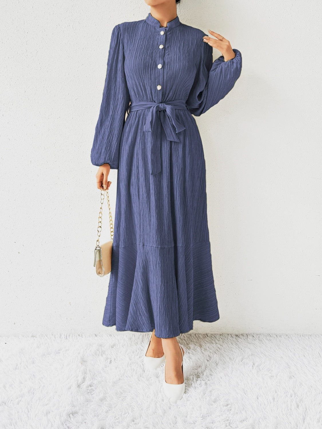 Tie Waist Long Sleeve Dress | A-Line Maxi Solid Buttoned Textured Dress