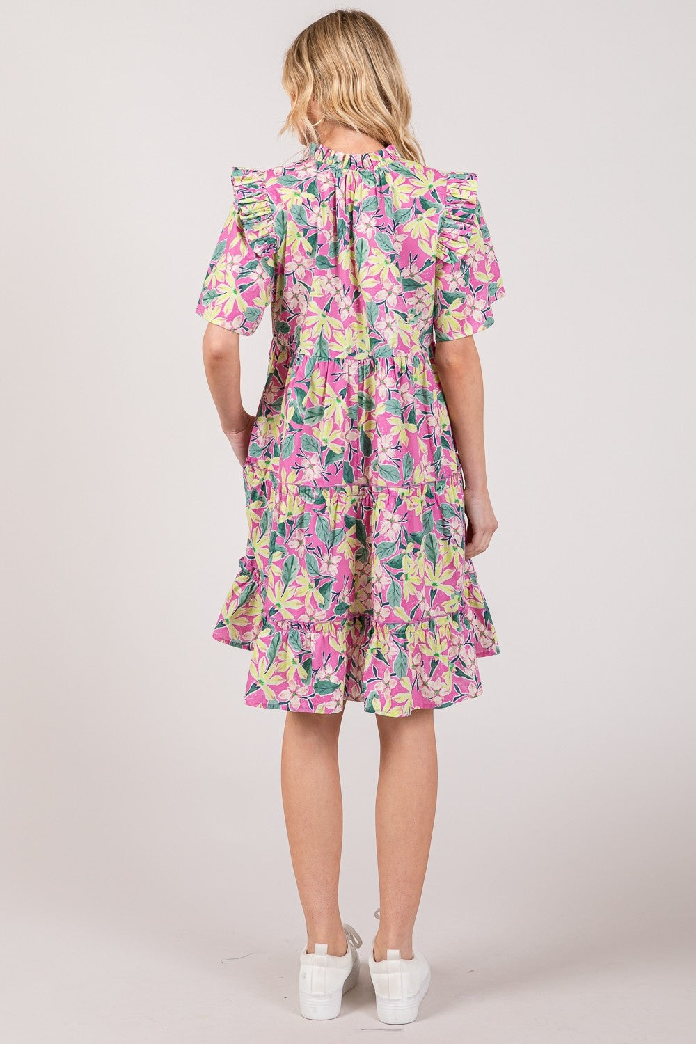 SAGE + FIG Floral Ruffle Short Sleeve Dress | Relaxed Printed Cotton Dress