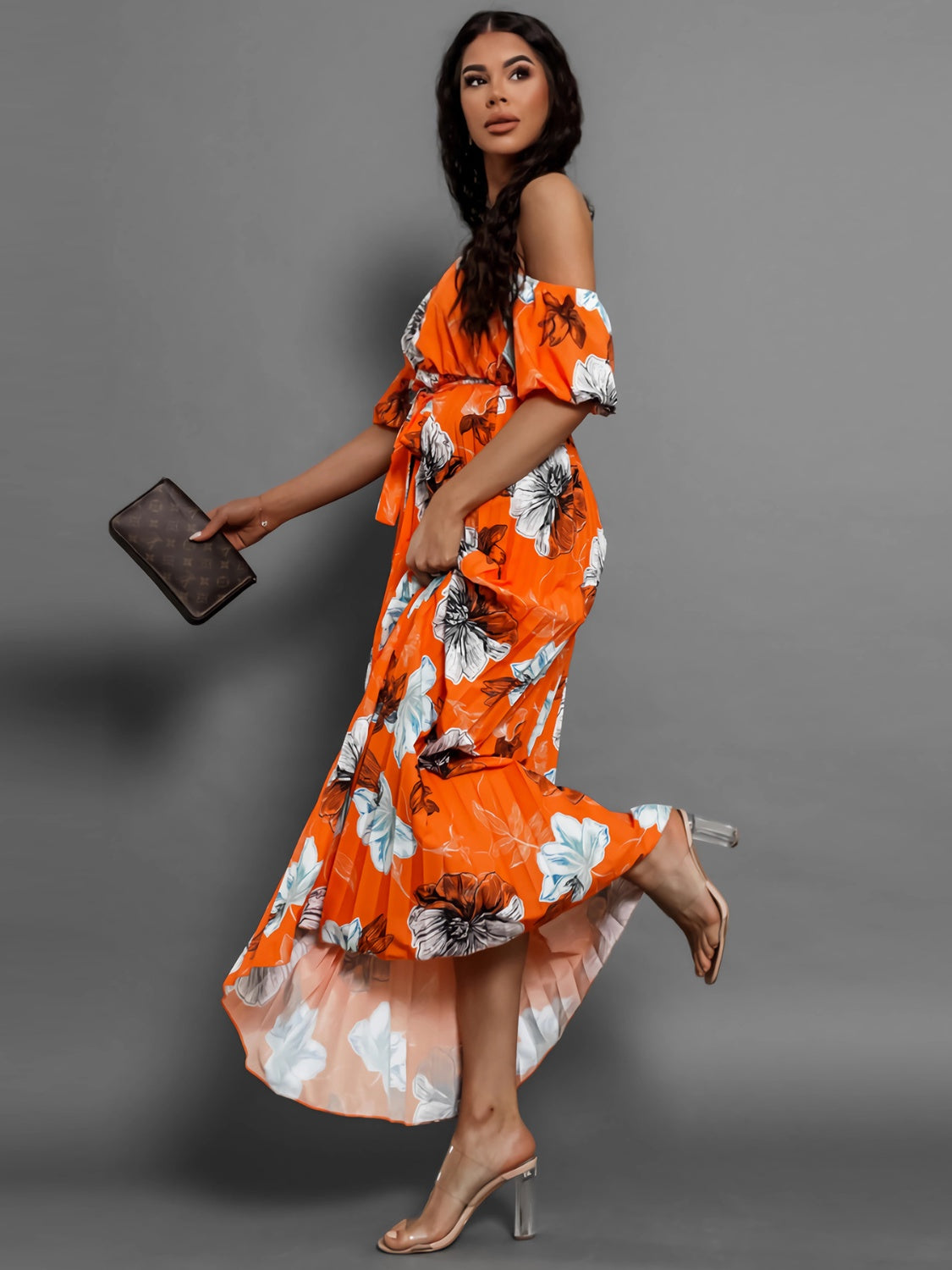 Pleated Floral Off-Shoulder Short Sleeve Midi Dress | A-Line Pleated Dress