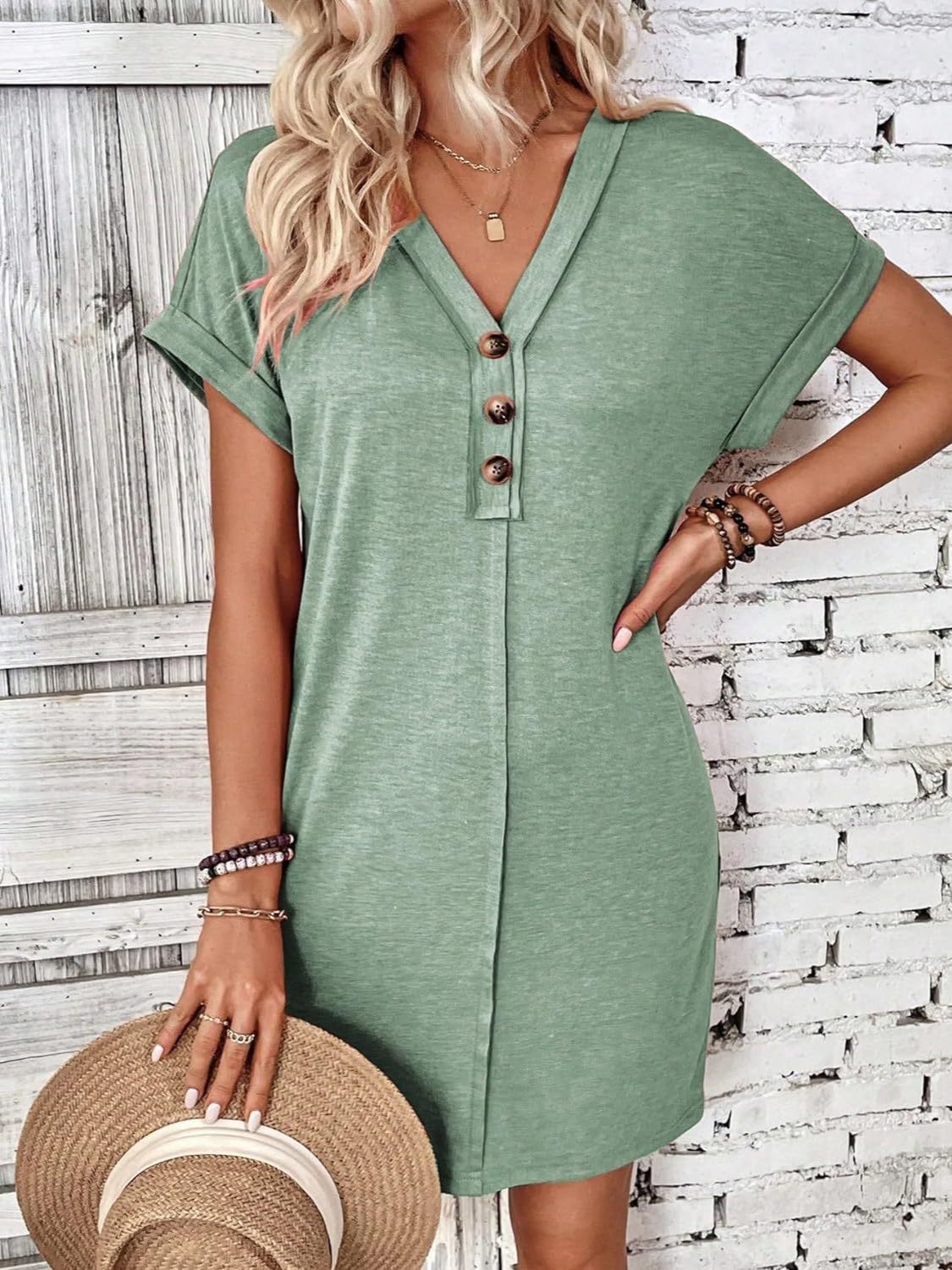 Quarter Button V-Neck Short Sleeve Dress | Casual Mini Solid Polyester Dress