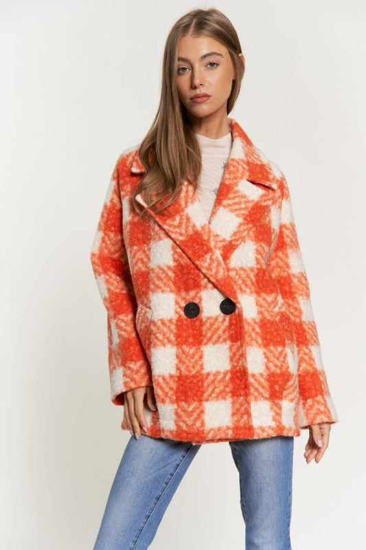 Fuzzy Boucle Textured Double Breasted Coat Jacket | Plaid Pocketed Jacket