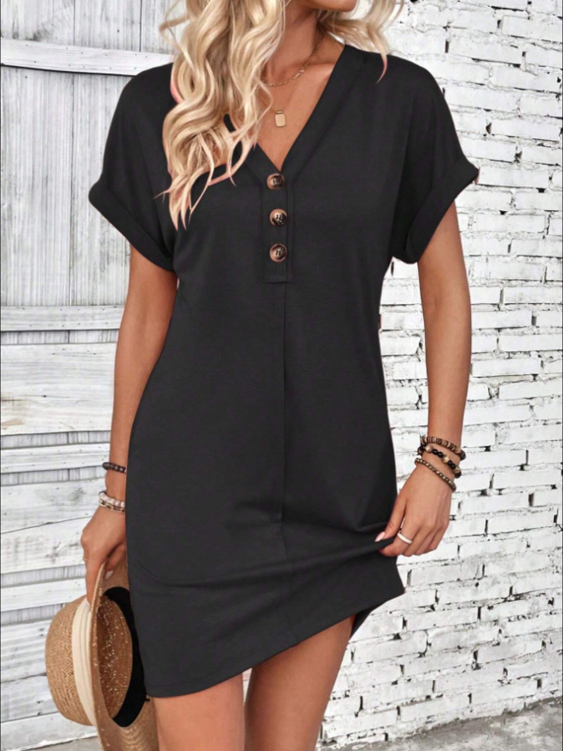 Quarter Button V-Neck Short Sleeve Dress | Casual Mini Solid Polyester Dress