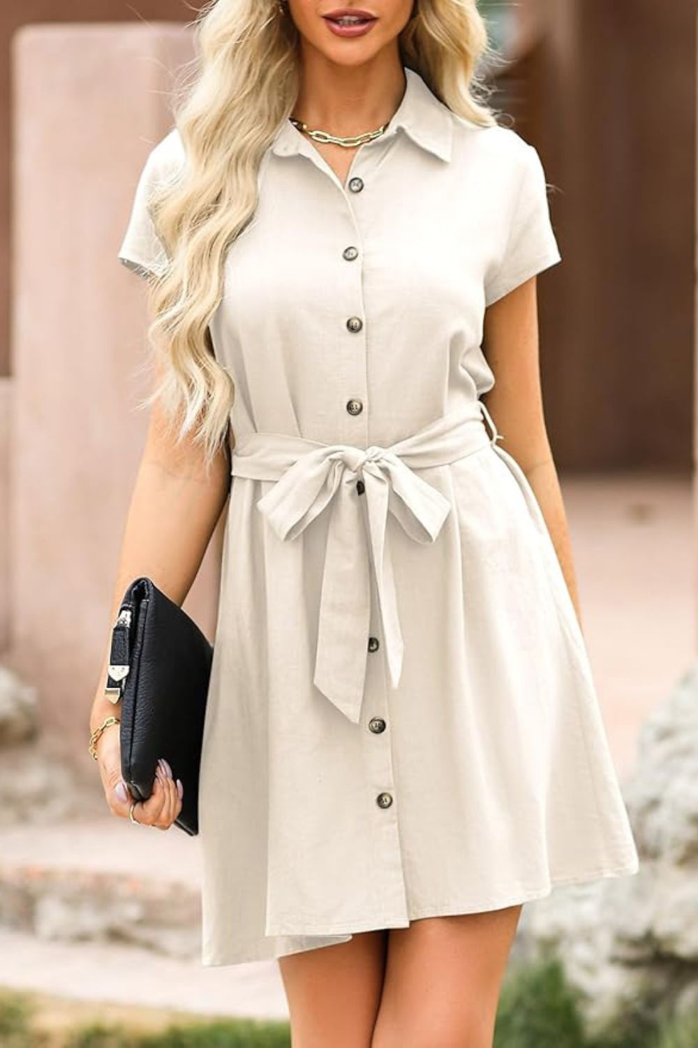 Tied Button Up Short Sleeve Dress | Mini A-Line Cotton Dress W/ Collar Neck