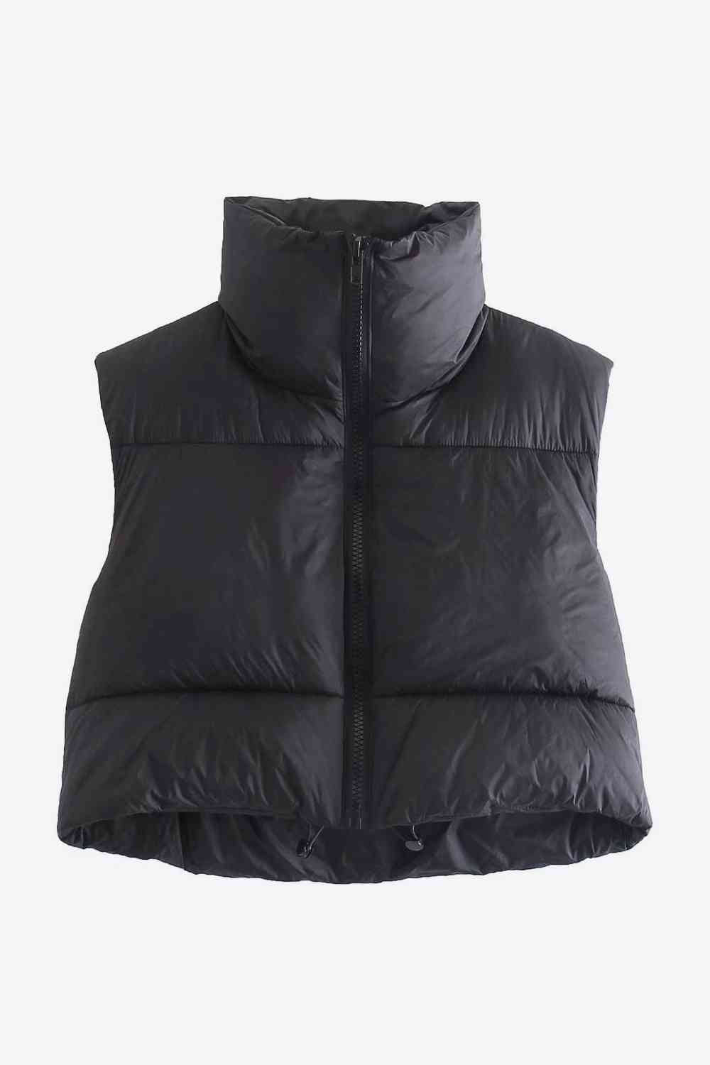 Zip-Up Drawstring Puffer Vest | Cropped Solid Band Collar Polyester Vest