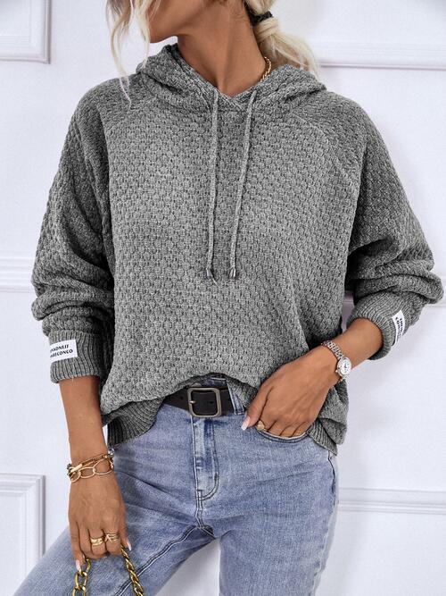 Texture Drawstring Long Sleeve Hooded Sweater | Solid Sweater With Ribbed Cuffs