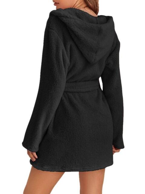 Tie Waist Hooded Robe | Soft Solid Stretched Polyester Robe With Pockets