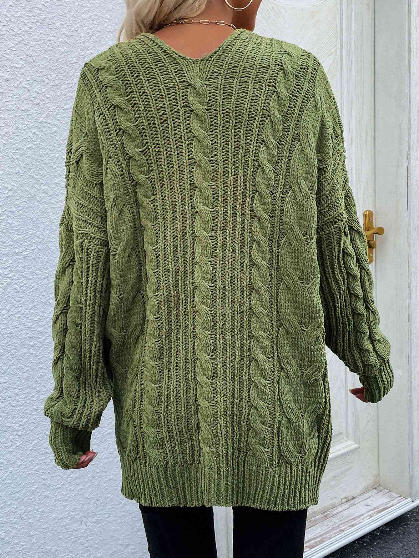 Woven Right Cable-Knit Open Front Cardigan with Front | Pockets Acrylic Cardigan