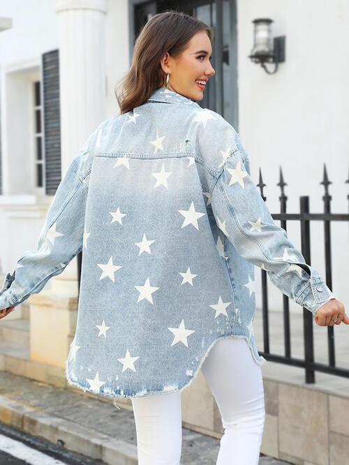 Star Denim Jacket with Pockets | Casual Jacket With Button Closure & Collar Neck