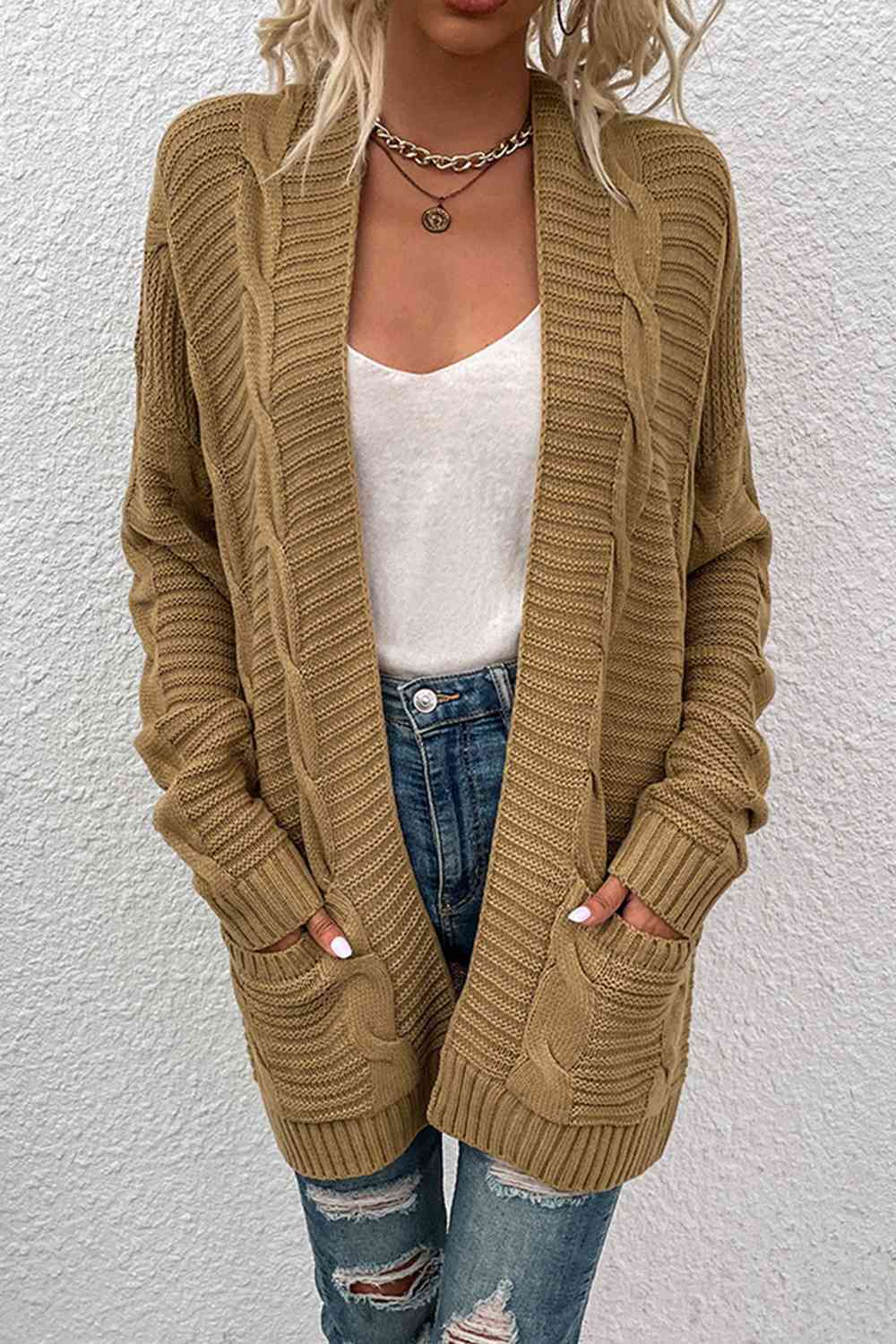 Cable-Knit Open Front Cardigan with Pockets | Casual Ribbed Polyester Cardigan