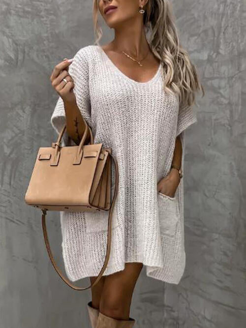 V-Neck Short Sleeve Sweater with Pockets | Casual Stretchy Polyester Sweater