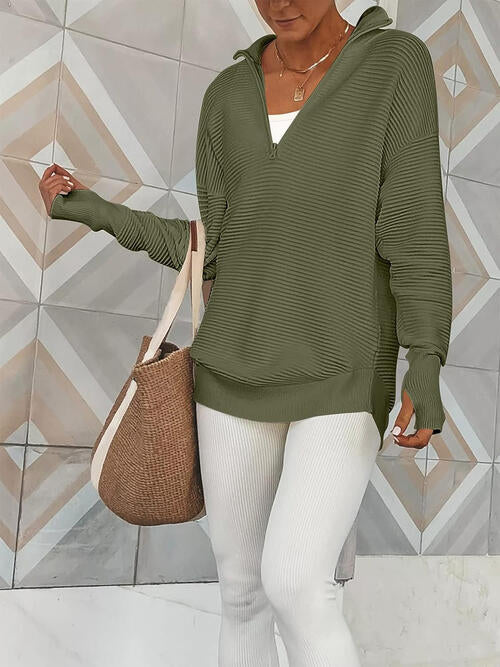 Half Zip Long Sleeve Knit Top | Casual Woman's Solid Stretchy Drop Shoulder Top