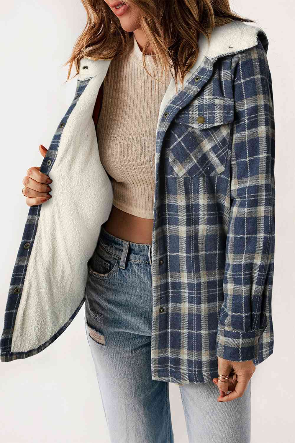 Plaid Snap Down Hooded Jacket | Casual Pocketed Jacket With Long Sleeves